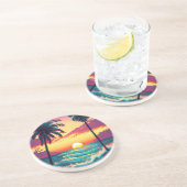 Sonnenuntergang am Strand mit Palmen Getränkeuntersetzer (Seite)