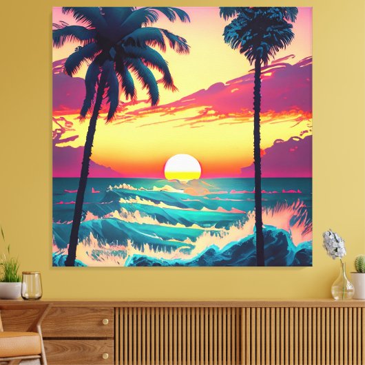 Sonnenuntergang am Strand mit Palmen Leinwanddruck (Insitu (Wohnzimmer))