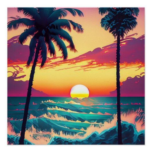 Sonnenuntergang am Strand mit Palmen Poster (Vorderseite)