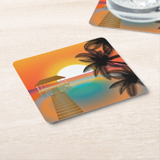 Sonnenuntergang am Strand mit Palmen Rechteckiger Pappuntersetzer (angewinkelt)