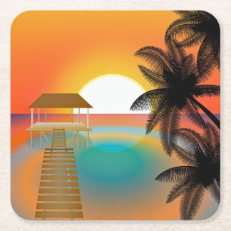 Sonnenuntergang am Strand mit Palmen Rechteckiger Pappuntersetzer