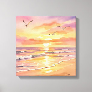 Sonnenuntergang am Strand mit Vögeln Leinwanddruck