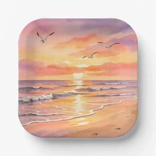 Sonnenuntergang am Strand mit Vögeln Pappteller (Vorderseite)