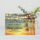 Sonnenuntergang am Strand und Lichterketten Einlad Einladung (Stehend Vorderseite)