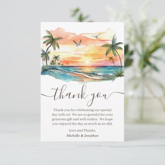 Sonnenuntergang am tropischen Strand Dankeskarte (Stehend Vorderseite)