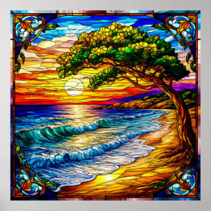 Sonnenuntergang an der Küste mit Wellen und Bäumen Poster