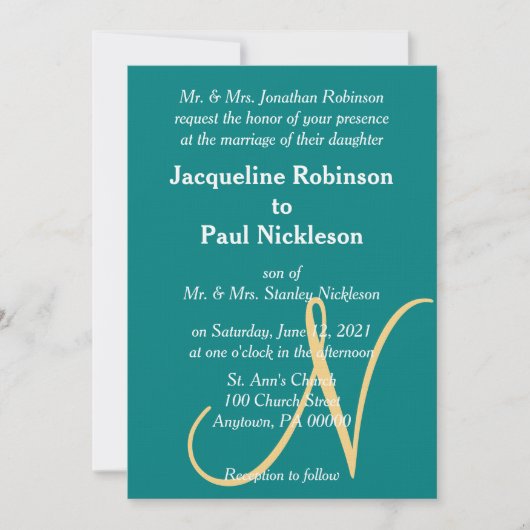 Sonnenuntergang Aquamarines grünes Gold Monogramm Einladung (Vorderseite)