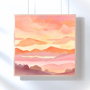 Sonnenuntergang Aquarellhügel Orangefarbene Himm Poster