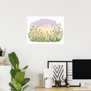 Sonnenuntergang auf der Daisy-Blume Aquarell Poster
