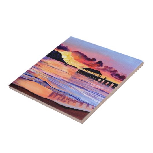 Sonnenuntergang auf der Hanalei Pier Keramik Tile Fliese (Seite)