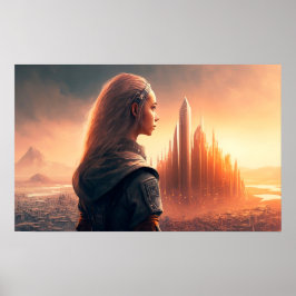 Sonnenuntergang auf einer Stadt der Zukunft Poster