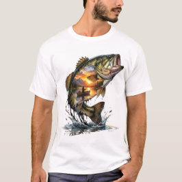 Sonnenuntergang Bass Doppelbelichtung Angeln T-Shirt