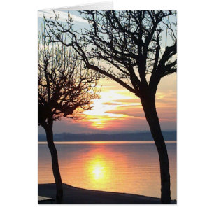 Sonnenuntergang,Bäume und See, Grusskarte, blanko