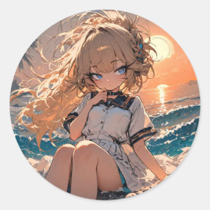 Sonnenuntergang: Beach Girl Art Runder Aufkleber