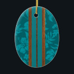 Sonnenuntergang Beach Vintag Surfboard Ornament<br><div class="desc">Sunset Beach liegt an der Nordküste von Oahu in Hawaii und ist bekannt für seine Geschichte mit berühmten Surfern der 50er und 60er Jahre. Diese Surfer und Shaper inspirierte uns, dieses Ornament zu entwerfen. Wir kombinierten koa-Holzstreifen und bedruckte Paneele aus Hibiskus-Blume. Zu Weihnachten ist unser Gruß "Mele Kalikimaka", aber diese...</div>