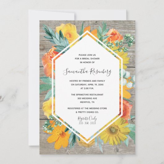 Sonnenuntergang-Blüten-Blumenrahmen-Brautparty Einladung (Vorderseite)