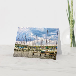 Sonnenuntergang-Bucht-Jachthafen-Gruß-Karte Karte