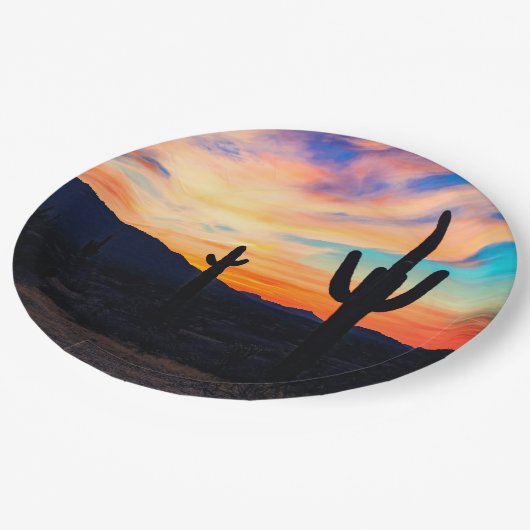 Sonnenuntergang Cactus, Wüstendusche Pappteller (Schrägansicht)