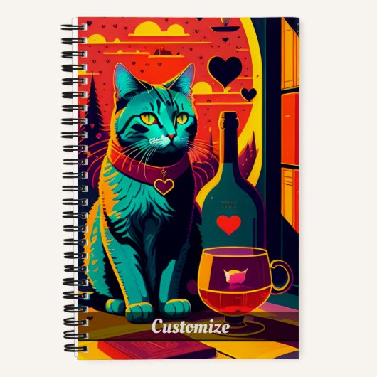 Sonnenuntergang Cat Books und Wine Custom Notebook Notizblock (Vorderseite)