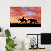 Sonnenuntergang Cowboy und Pferd-Silhouette Poster (Heimbüro)