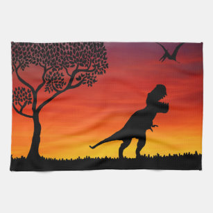 Sonnenuntergang-Dinosaurier-Szenen-Geschirrtuch Geschirrtuch