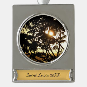 Sonnenuntergang durch Bäume I Tropische Fotografie Banner-Ornament Silber