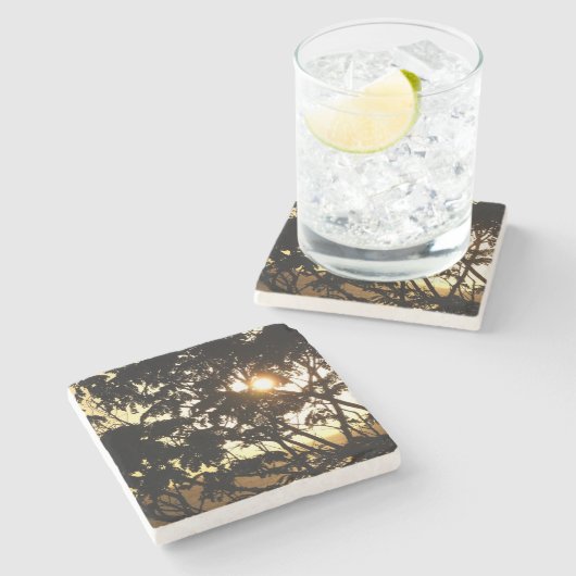 Sonnenuntergang durch Bäume I Tropische Fotografie Steinuntersetzer (Seitenansicht)