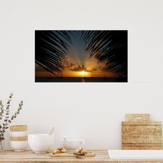 Sonnenuntergang durch die tropische Küste der Palm Poster (Küche)