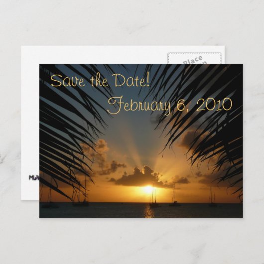 Sonnenuntergang durch Palmfronten Save the Date Po Ankündigungspostkarte (Vorne/Hinten)