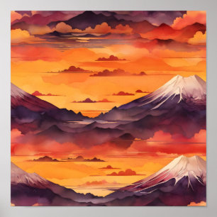 Sonnenuntergang: Fuji Wasserfarbband Poster
