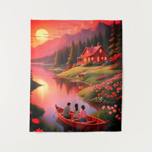 Sonnenuntergang Gemälde mit einem See und Cottage- Wandteppich