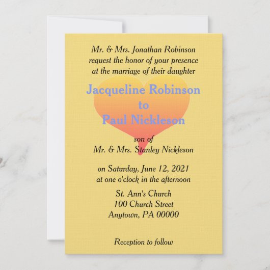 Sonnenuntergang Herz Mellow Yellow Blue Hochzeit E Einladung (Vorderseite)