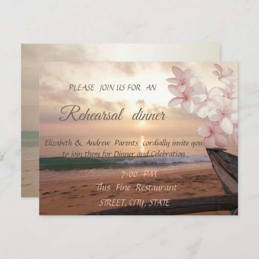 Sonnenuntergang Hochzeit am Strand, Probe Plumeria Einladung (Vorne/Hinten)