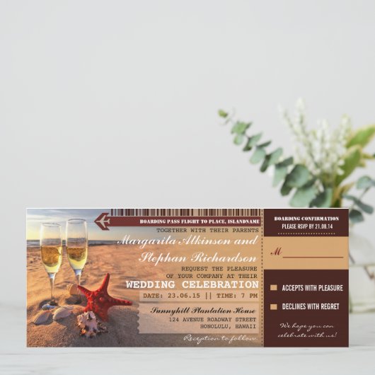 Sonnenuntergang Hochzeit Boarding Pass Einladungen (Stehend Vorderseite)