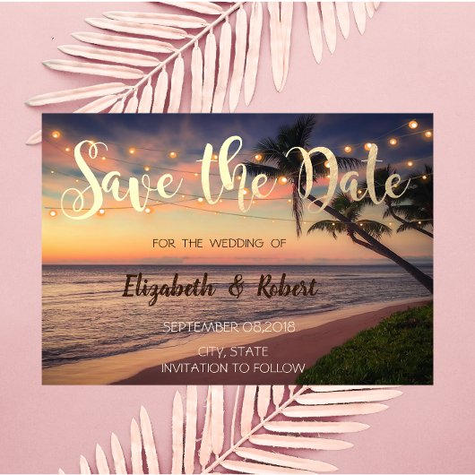 Sonnenuntergang, Hochzeit, Palmen, Lichter Save th Save The Date