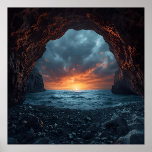 Sonnenuntergang Höhle - Dramatische Küstenmauer Ku Poster