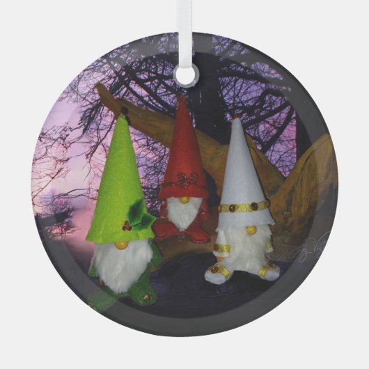 Sonnenuntergang Holz Gnomes Glas Circle Ornament (Vorderseite)