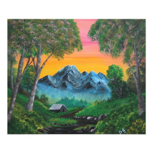 Sonnenuntergang im Bergwald Fotodruck (Vorne)