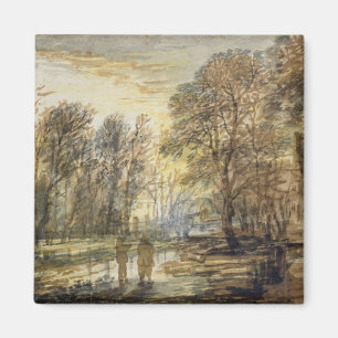 Sonnenuntergang im Holz Magnet