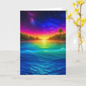 Sonnenuntergang im tropischen Ozean mit Palmen zum Karte (Gelbe Blume)