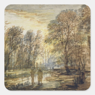 Sonnenuntergang im Wald Quadratischer Aufkleber