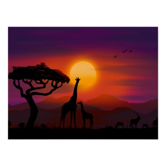 Sonnenuntergang in Afrika mit Tieren Poster (Vorderseite)