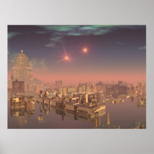 Sonnenuntergang in Alien Water City 1 Print Poster