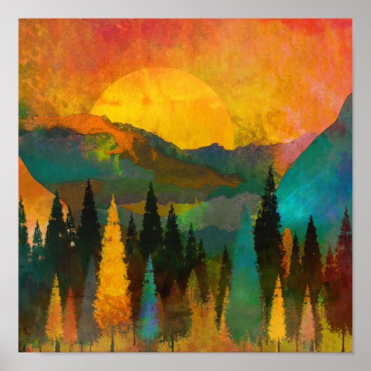 Sonnenuntergang in den Bergen - Buntes Aquarell Poster (Vorne)