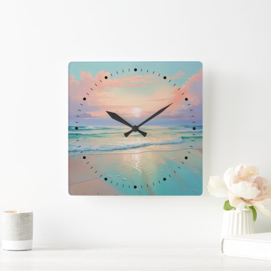 Sonnenuntergang in einer ruhigen Strandlandschaft Quadratische Wanduhr (Zuhause)