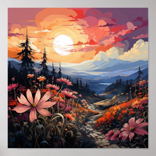 Sonnenuntergang: Lebhafte Wildblumen und Berge Poster (Vorne)