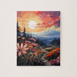Sonnenuntergang: Lebhafte Wildblumen und Berge Puzzle