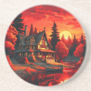 Sonnenuntergang Malerei mit Hütte und See-66633 Getränkeuntersetzer