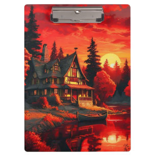 Sonnenuntergang Malerei mit Hütte und See-66633 Klemmbrett