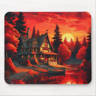 Sonnenuntergang Malerei mit Hütte und See-66633 Mousepad
